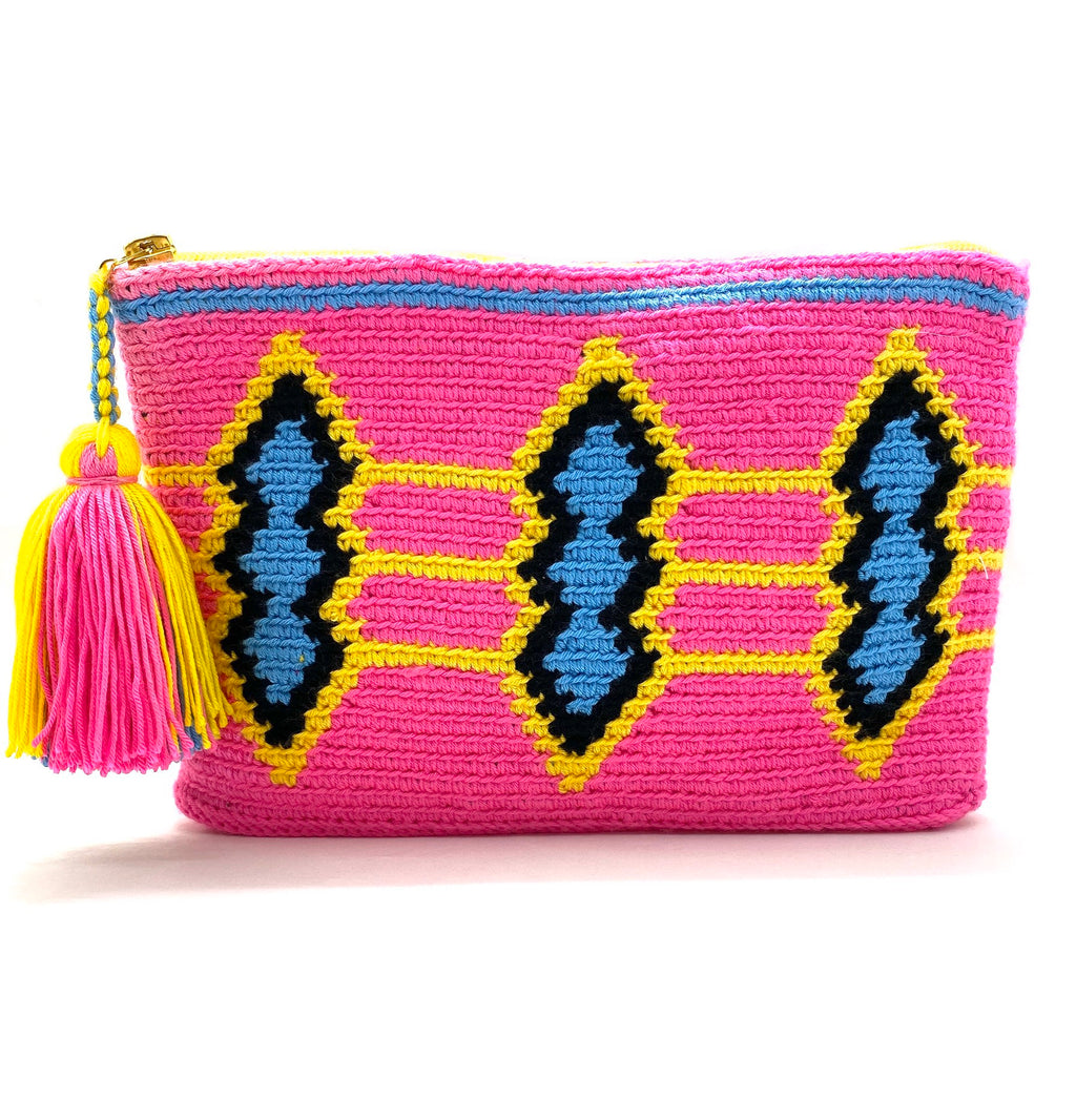 fluo pink body clutch, blue, black, and yellow standing diamond pattern with tassel.