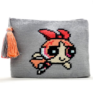 Blossom the Powerpuff grey body clutch,  peach, grey, and red tassel.