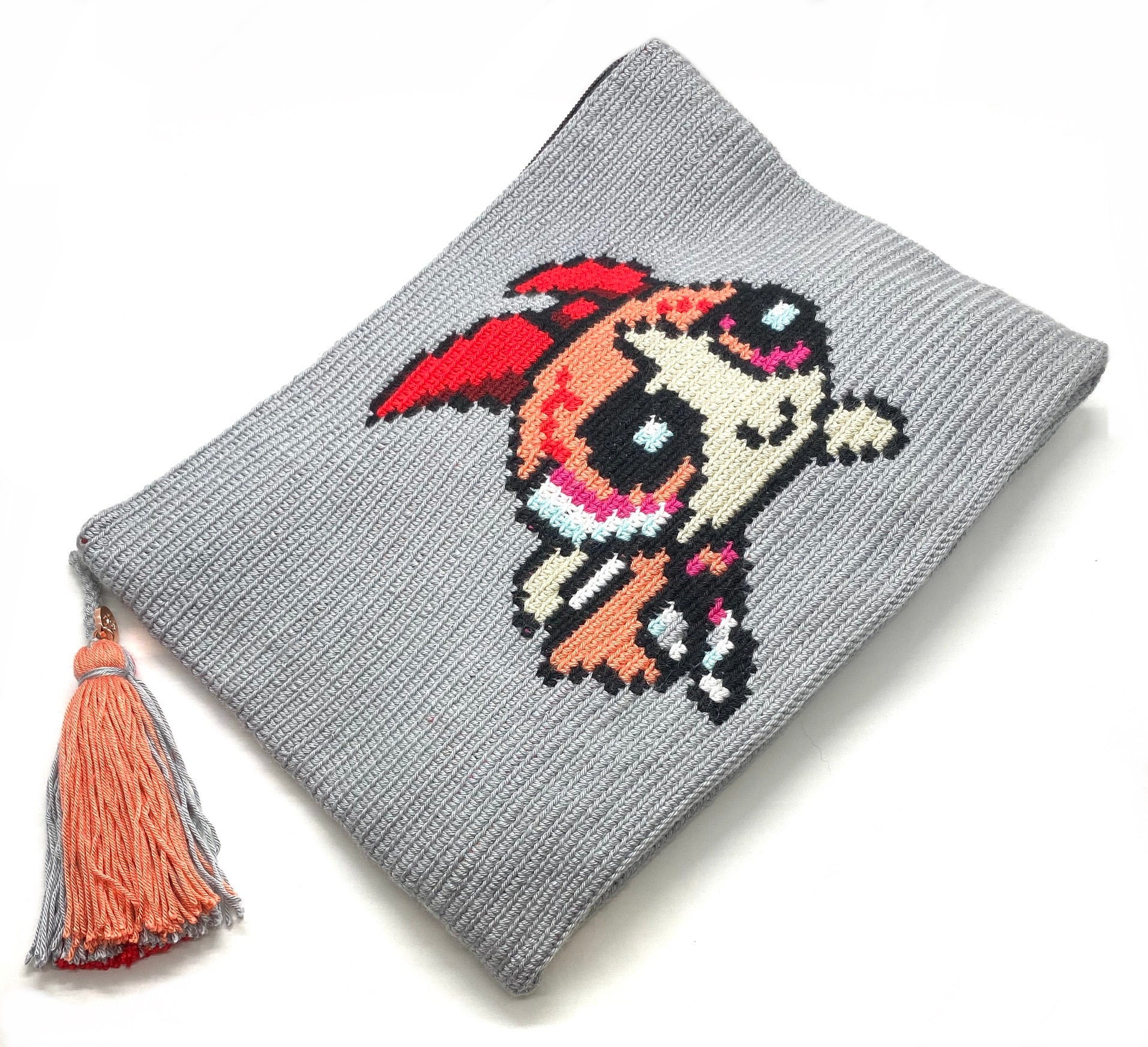 Blossom the Powerpuff grey body clutch,  peach, grey, and red tassel.