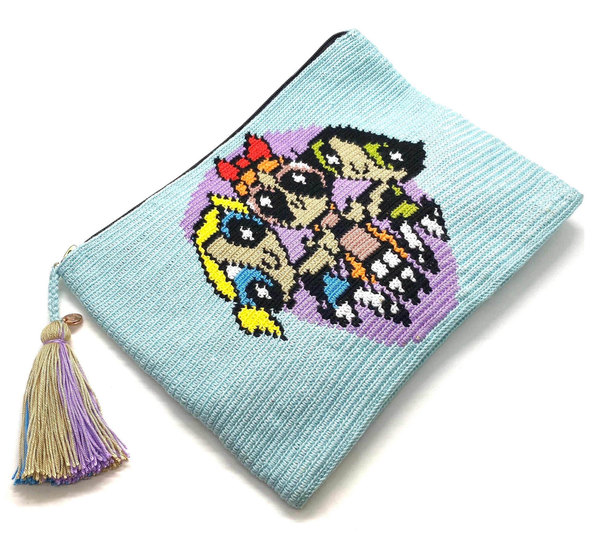 Power puff clutch, lavender circle, sky blue body with tassel.