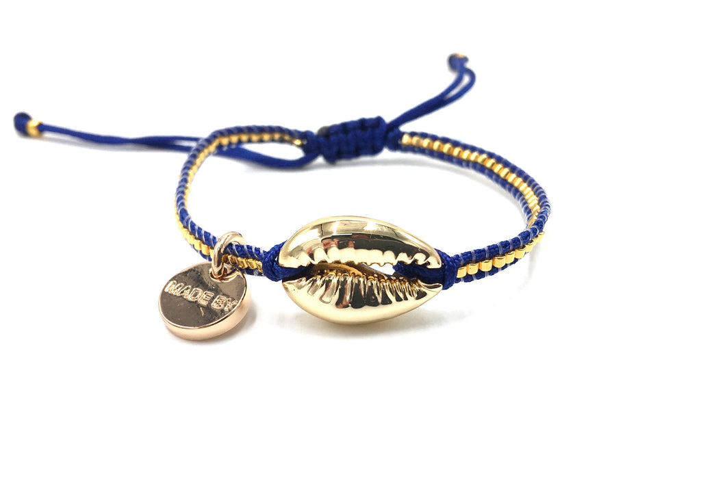 Gold Shell bracelet, gold Miyuki bead, dark blue cord