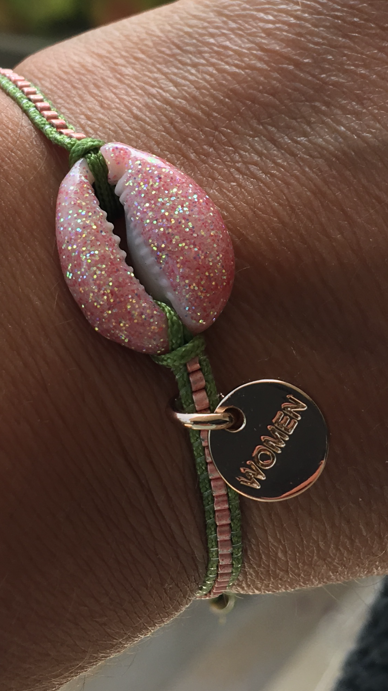 Natural shell bracelet, pink enamel, rose gold Miyuki beads and kaki cord