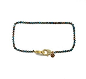Clip to impact, Blue crazy lace agate Christine necklace, with gold zirconia clips.