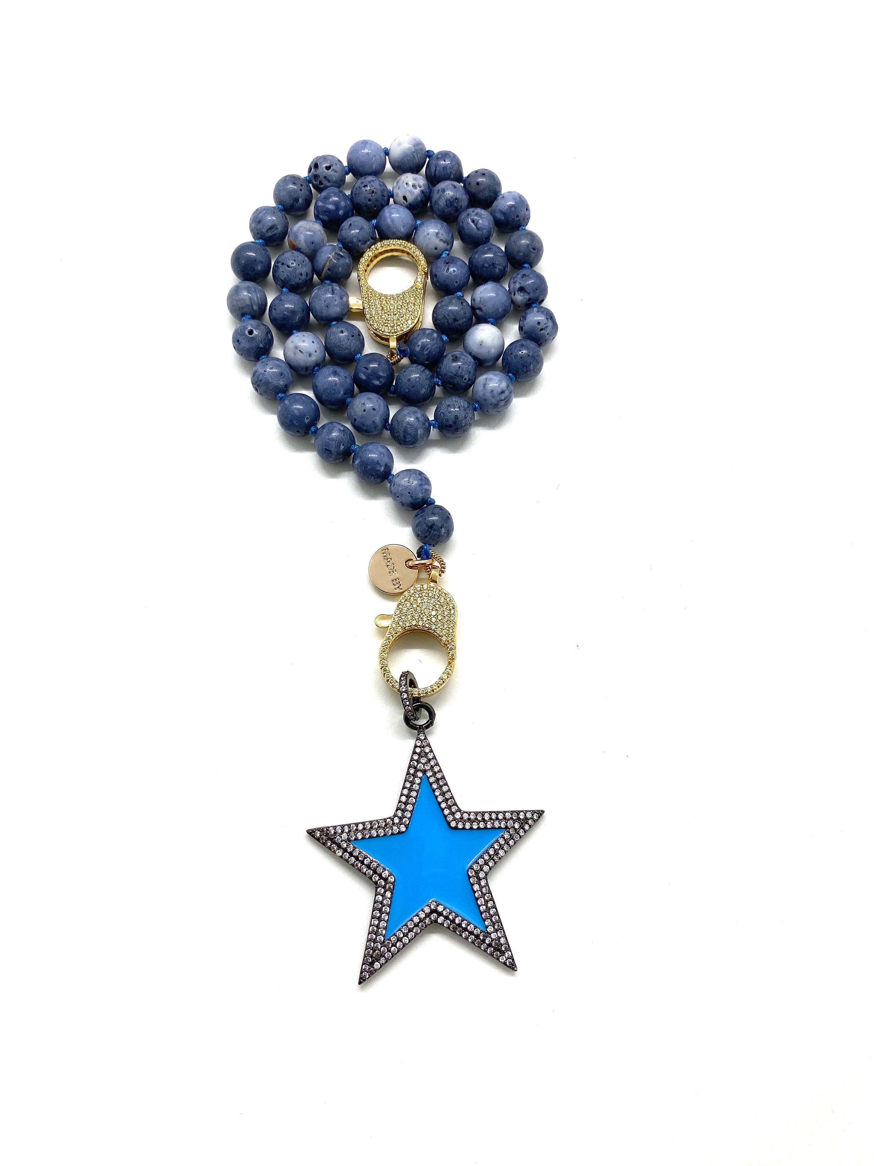 Blue coral Gaia necklace, blue star pendant, gold zirconia clips