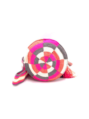 Pompom bag, wayuu pattern, coral, pink and grey.
