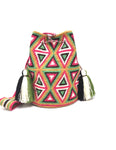Pompom bag, green red and brown triangles.