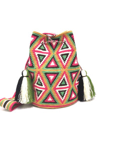 Pompom bag, green red and brown triangles.