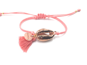 Rose Gold Shell bracelet, salmon Miyuki beads and tassel.