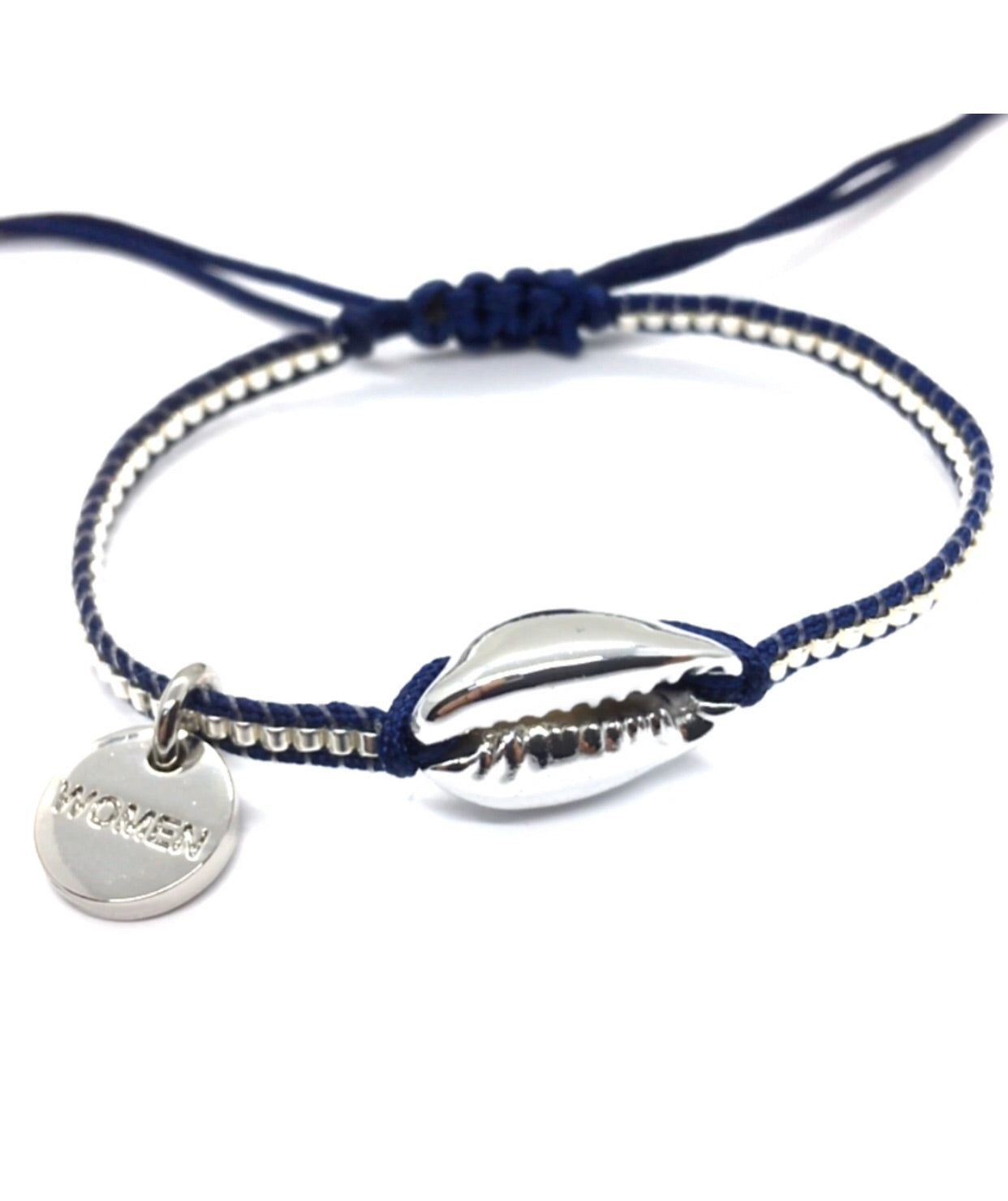 Silver shell bracelet, with silver Miyuki beads, and dark blue cord