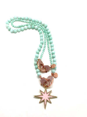 Aqua blue bead Christine necklace, rose gold zirconia clips