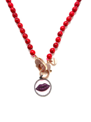 Red stone Gaia necklace, red lips pendant, gold zirconia clips