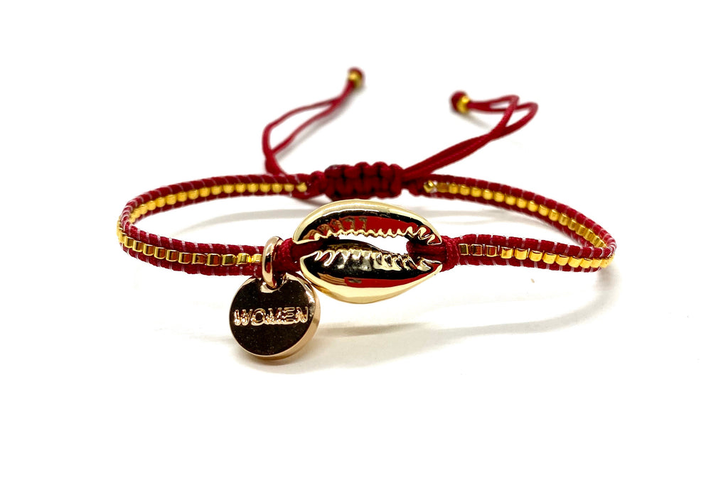 Natural gold shell bracelet, with gold Miyuki beads and burgundy cord