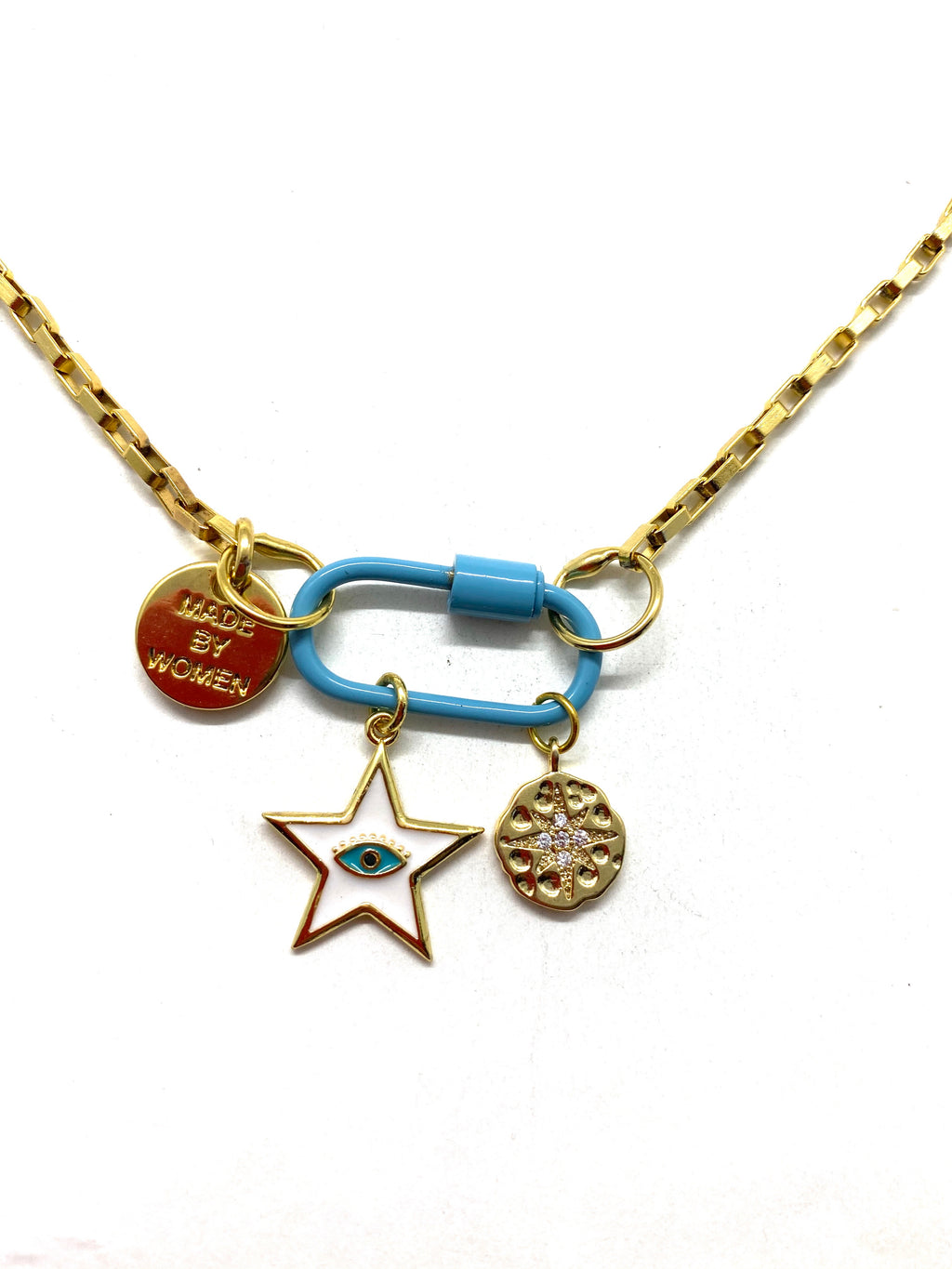 Blue hardware link gold necklace with white star pendant