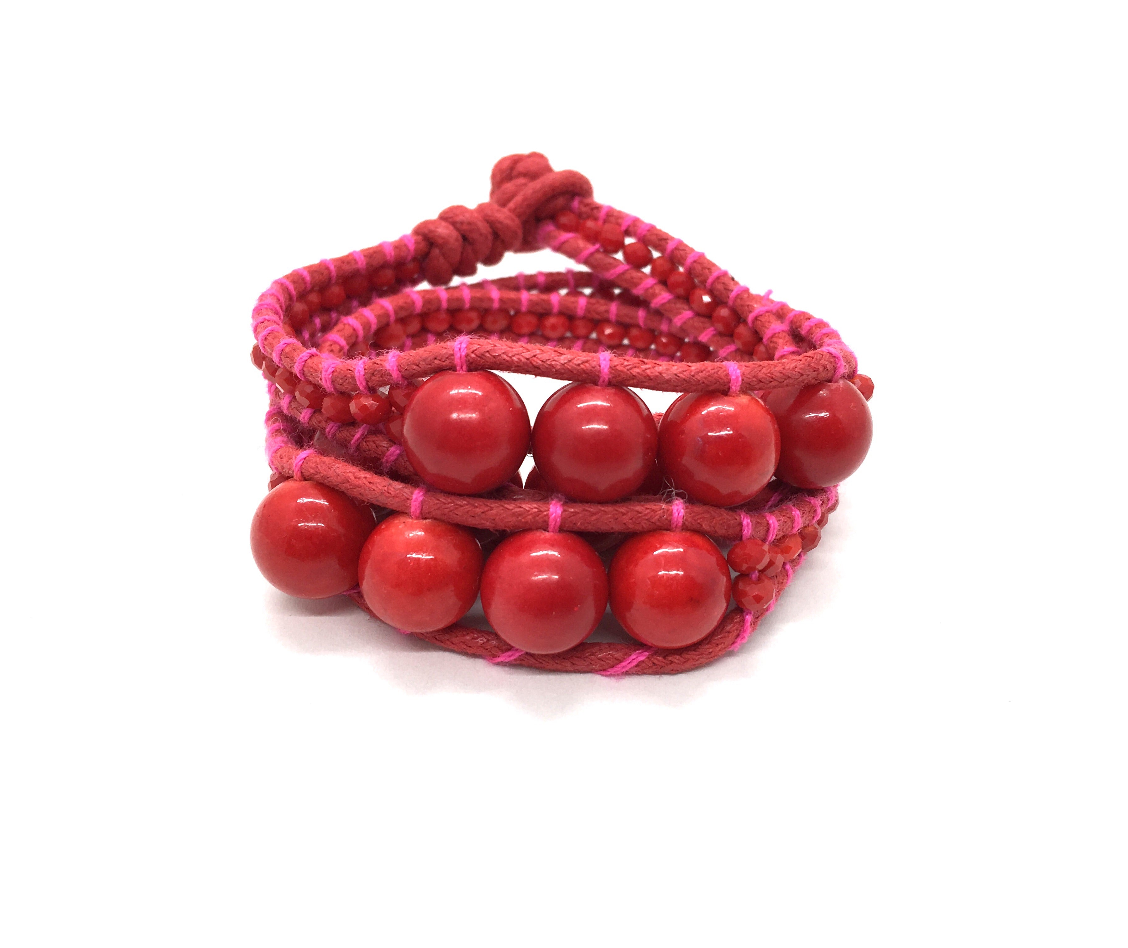 I love Syria - Triple Wrap around - big red stone - red cord - pink thread