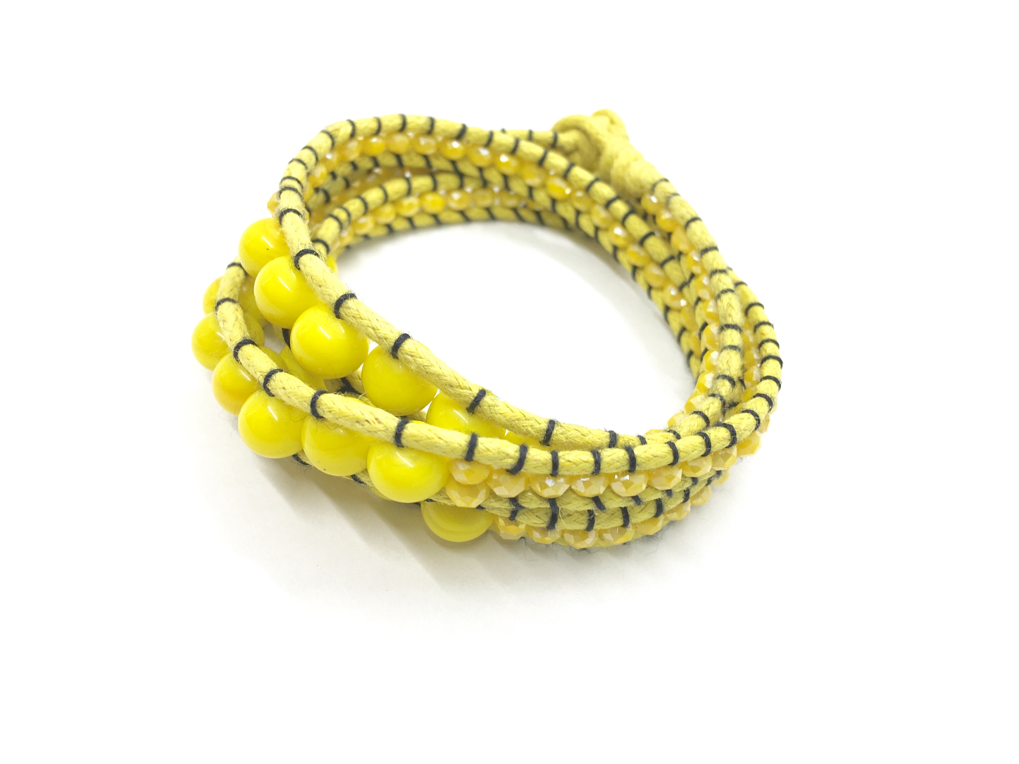 Wraparound yellow stone bracelet, yellow cord and yellow crystal side bead