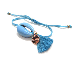 Baby Blue enameled Natural shell, with baby blue Miyuki beads, and tassel.