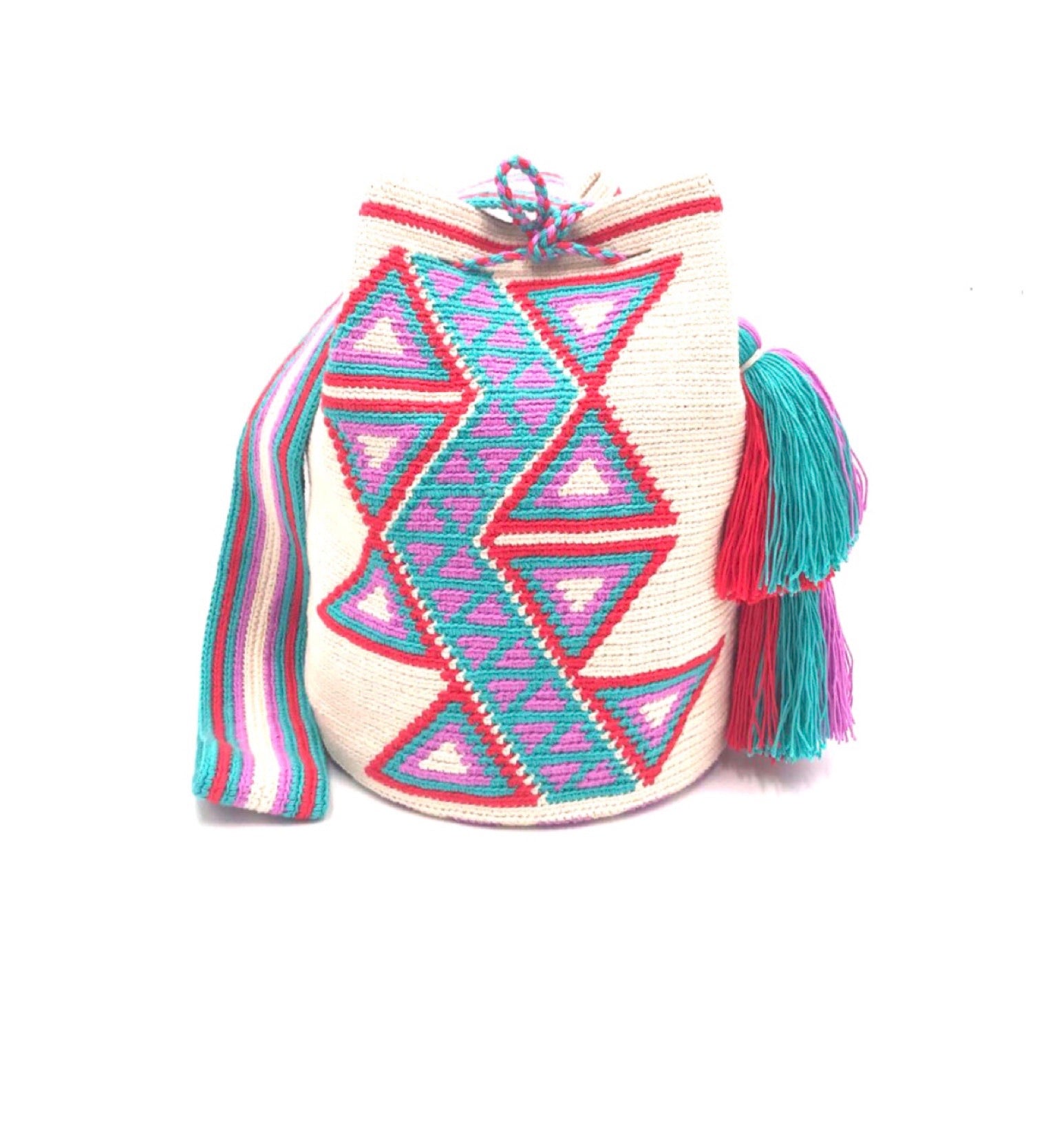 Turquoise sequence with red triangles off white body, double tassel.