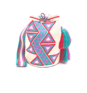 Turquoise sequence with red triangles off white body, double tassel.