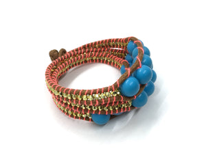 Triple Wrap around - turquoise small stone - brown cord - coral fluo thread