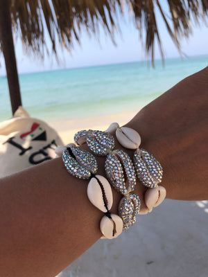 Natural shell bracelet, with Swarovski AB studded central shell, and cream cord