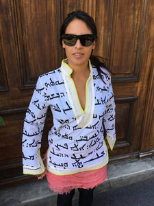 Damascus Concept - Tunic Aramaic - white black print - cream collar - lime pompom