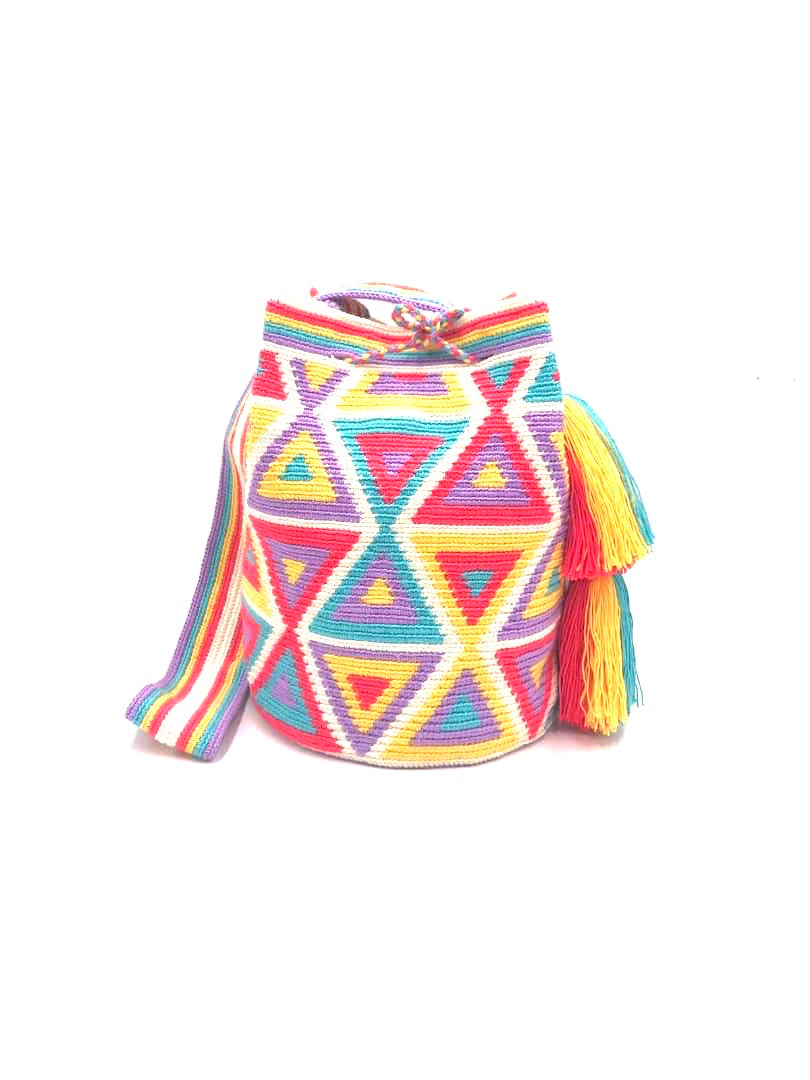 Pastel triangle bag, off white body, pastel color triangles with strap and 2 tassels.