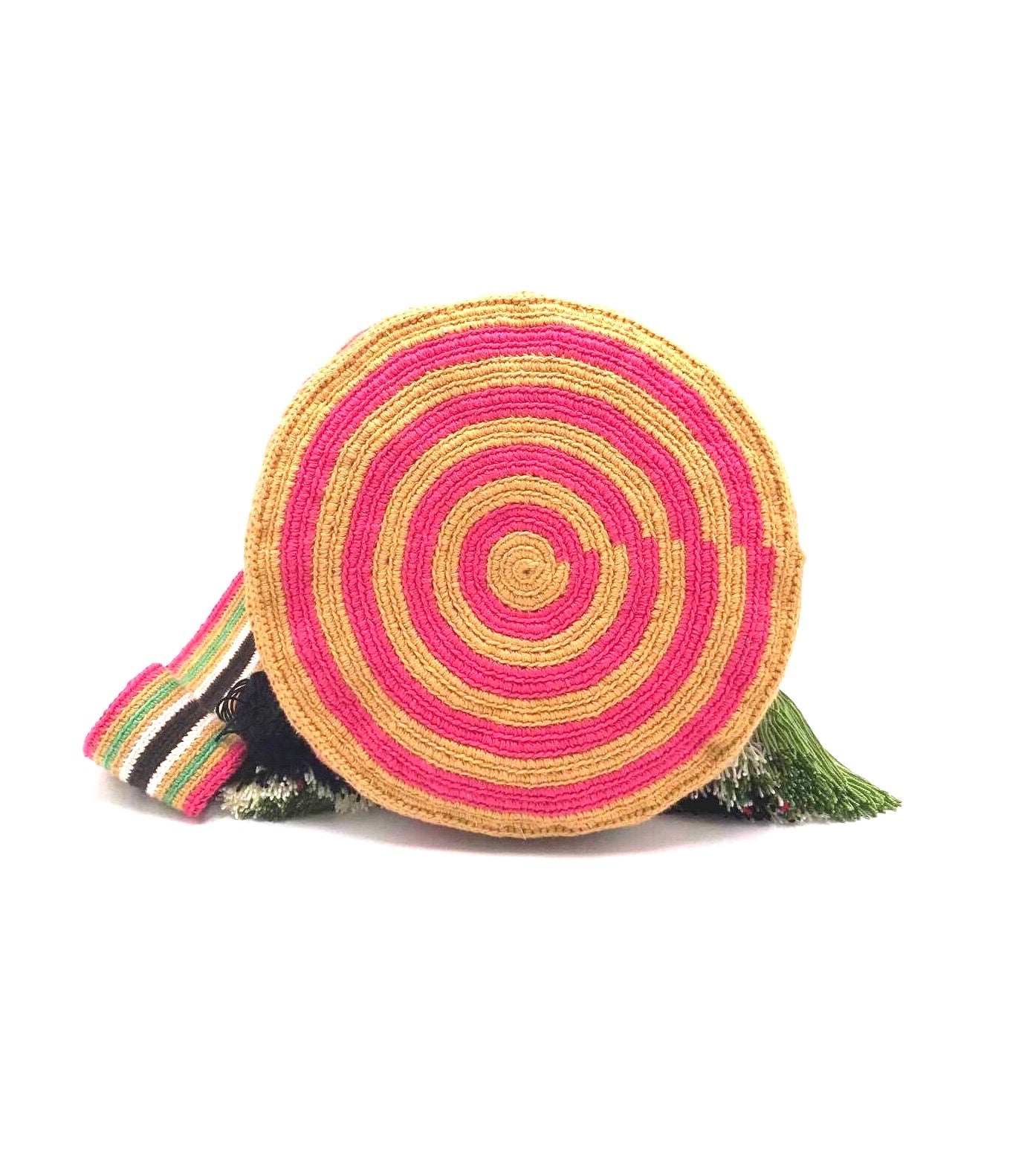 Pompom bag, green red and brown triangles.