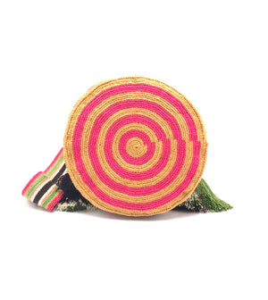 Pompom bag, green red and brown triangles.