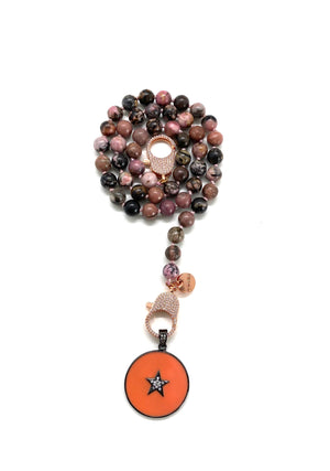 Lace rhodonite Gaia necklace, round orange pendant, rose gold zirconia clips