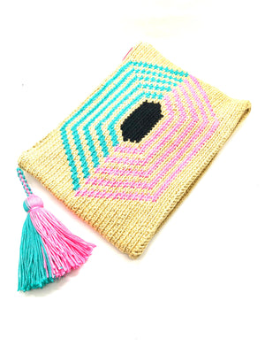 Honeycomb clutch, beige body turquoise and pink sequence with tassel.
