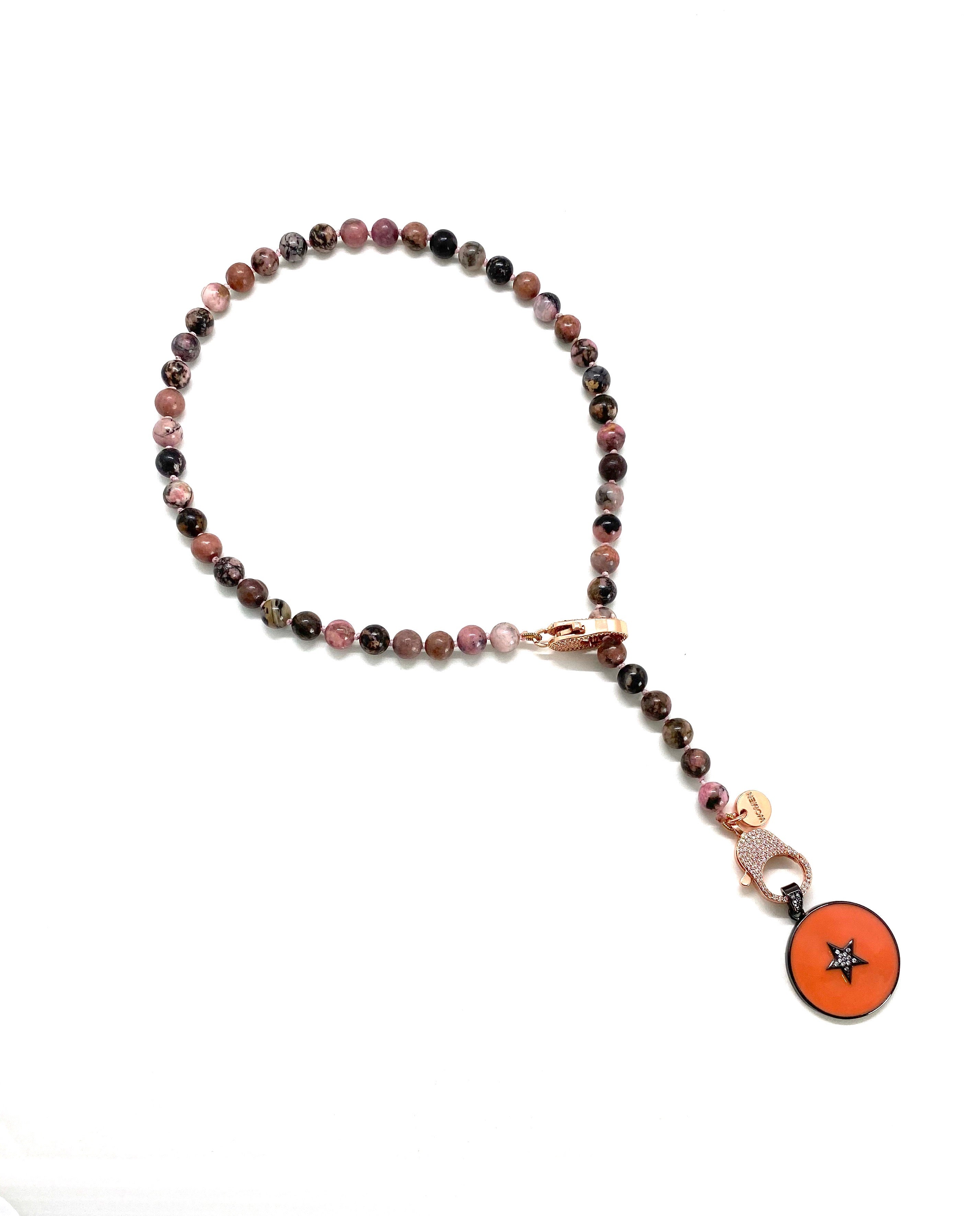 Lace rhodonite Gaia necklace, round orange pendant, rose gold zirconia clips