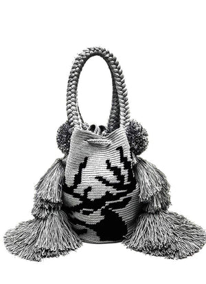 Deer bag, hand made with triple tassel and pompoms