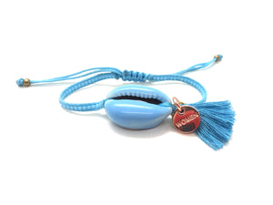Baby Blue enameled Natural shell, with baby blue Miyuki beads, and tassel.
