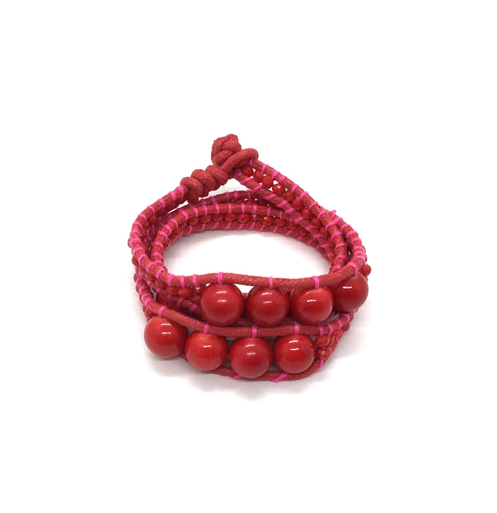 I love Syria - Triple Wrap around - big red stone - red cord - pink thread