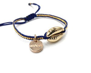 Gold Shell bracelet, gold Miyuki bead, dark blue cord