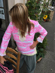 Rumi Tunic, pink print, crème collar, lime sequence