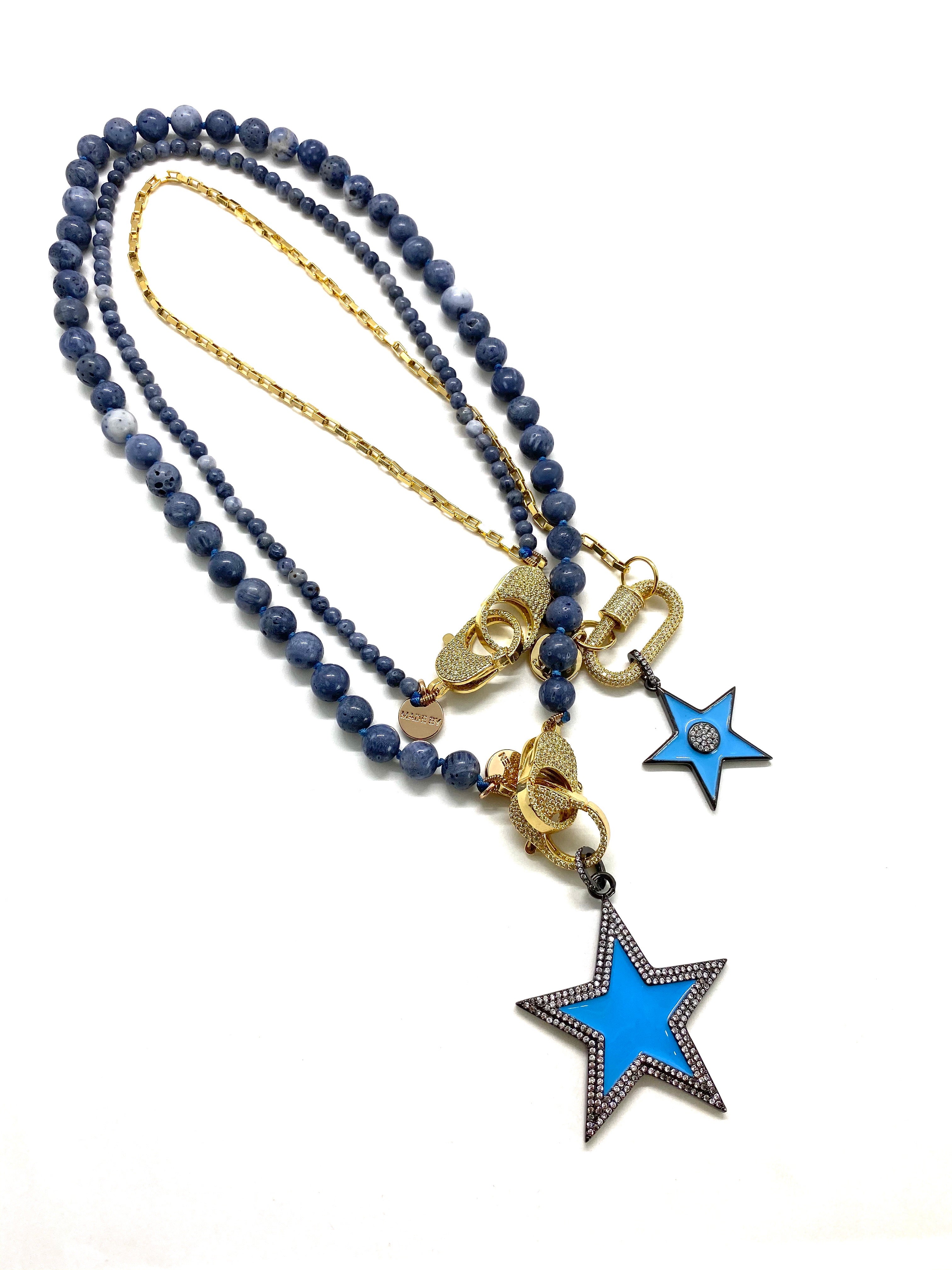 Blue coral Gaia necklace, blue star pendant, gold zirconia clips