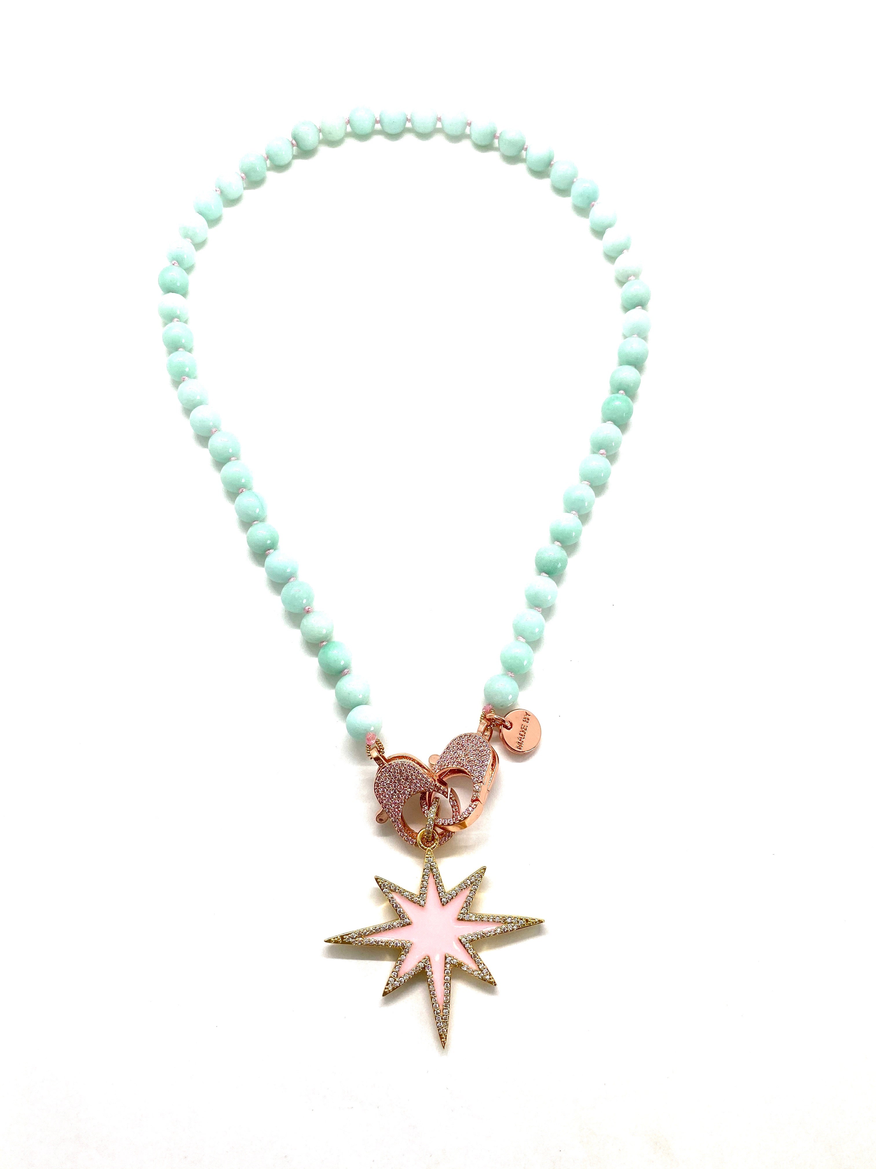 Aqua blue Gaia necklace with pink star, gold zirconia clips