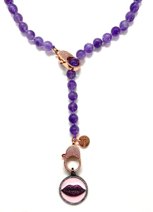 Amethyst Gaia necklace, red lips pendant, gold zirconia clips