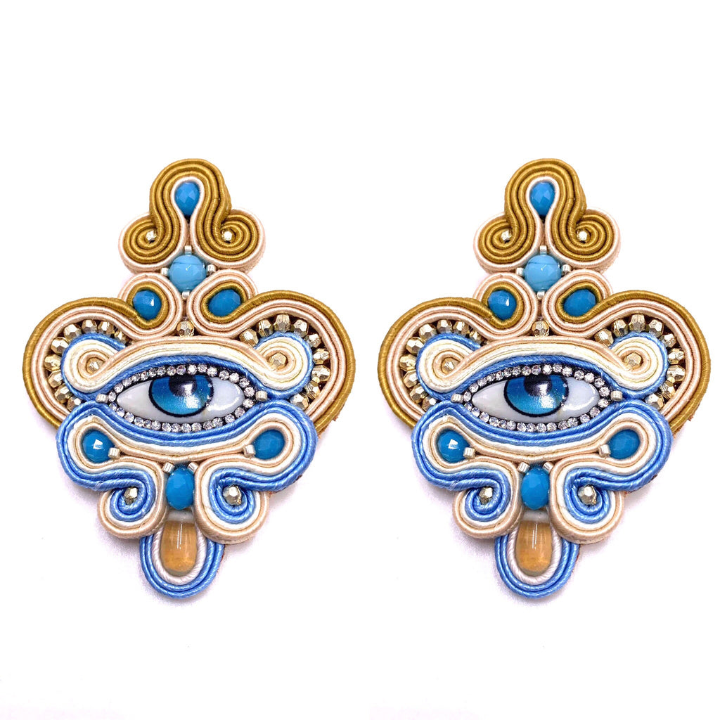 Gorgeous Evil eye earings, with crystal evil eye and quartz droplets.