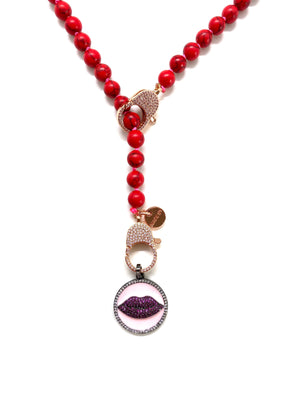 Red stone Gaia necklace, red lips pendant, gold zirconia clips