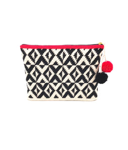 Clutch, Off white body Black X geometric pattern with pompons.