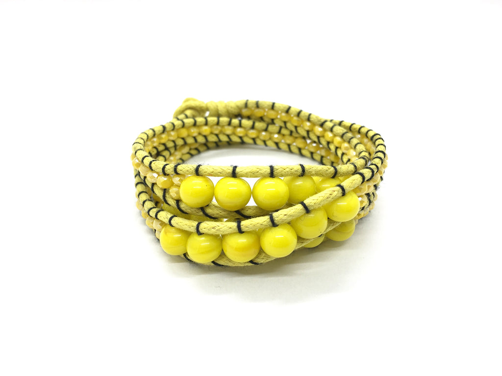 Wraparound yellow stone bracelet, yellow cord and yellow crystal side bead