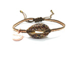 Choco glitter enamel shell bracelet, rose gold Miyuki beads and brown cord.