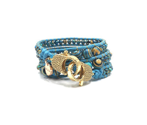 Blue malachite wrap bracelet, gold clips