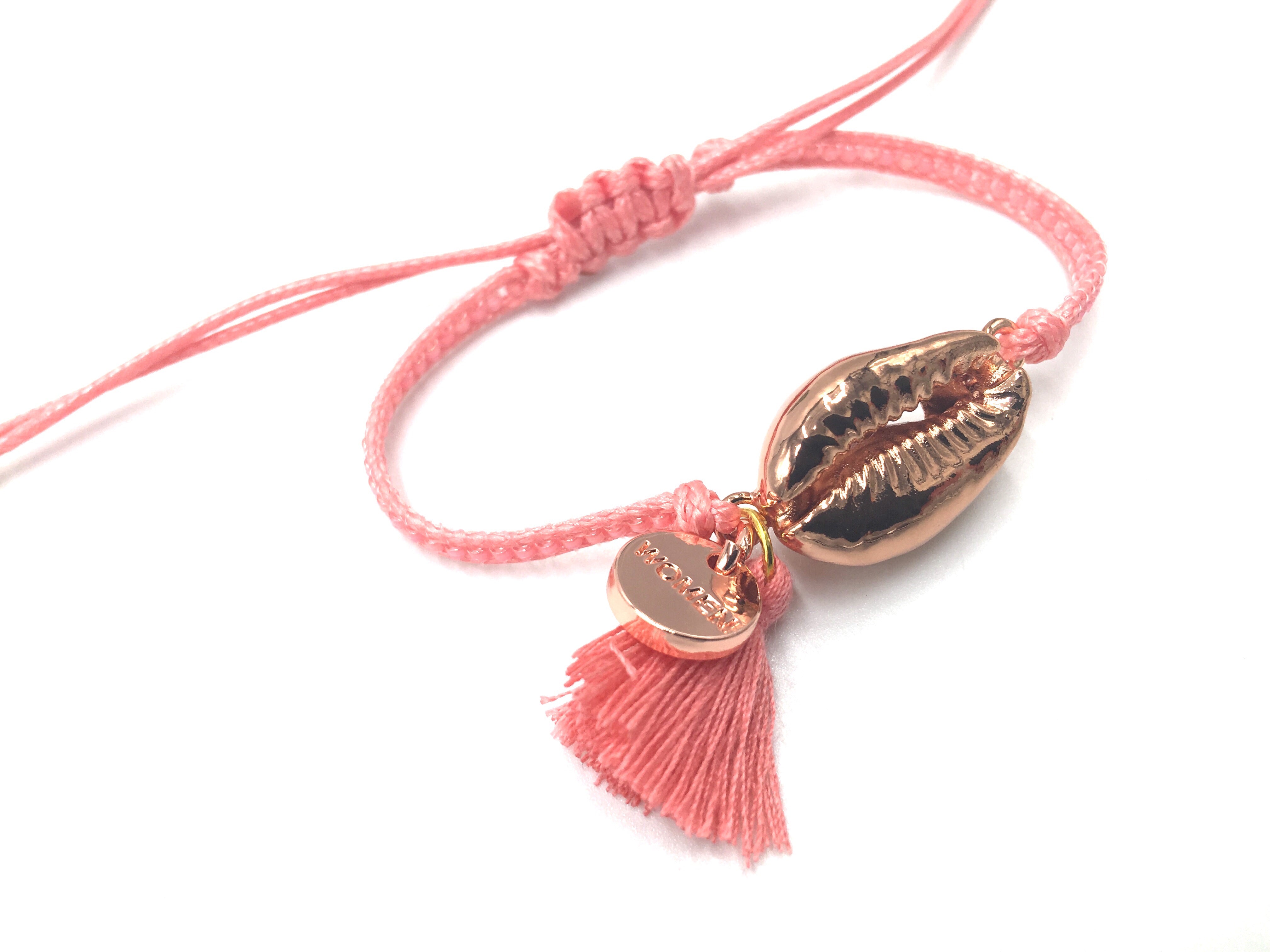 Rose Gold Shell bracelet, salmon Miyuki beads and tassel.