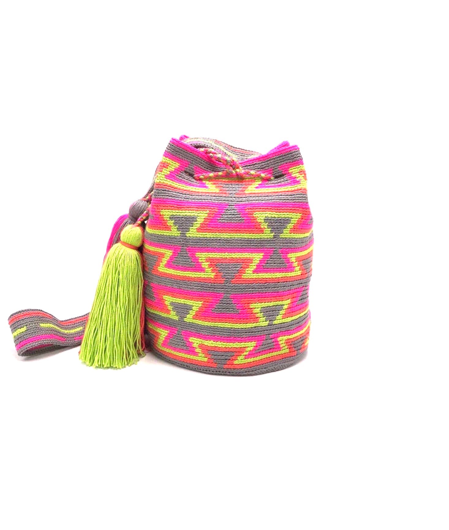 Pompom bag, mini, wayuu pattern, grey body fluo pink and green triangles.