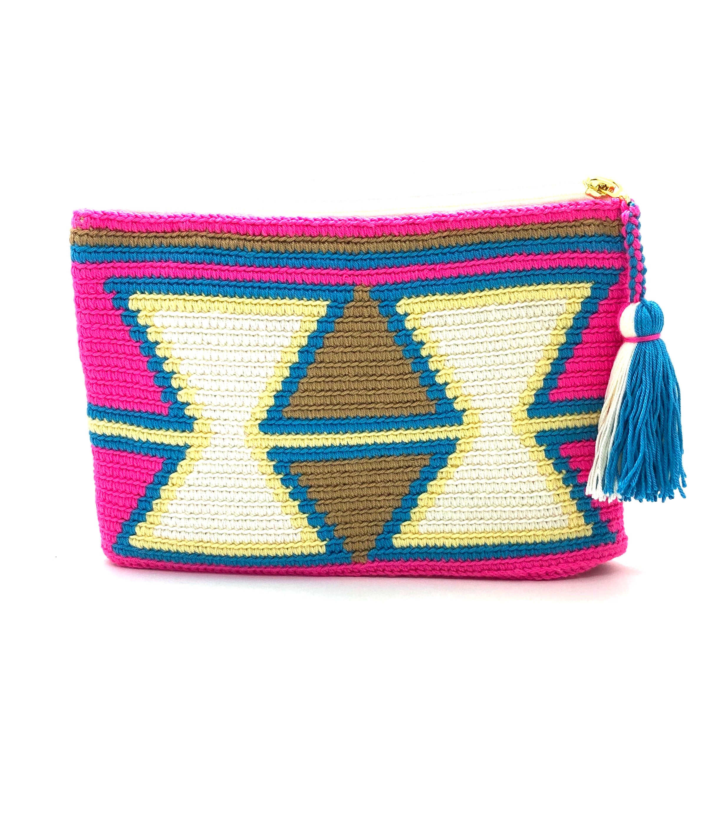 Clutch, Fluo Fuschia body, inverted white triangles and turquoise sequence pattern with tassel