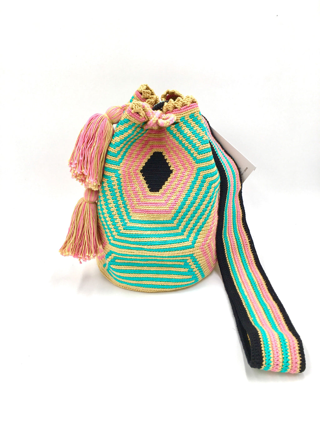 Pompom bag, honeycomb, mustard pink and turquoise.