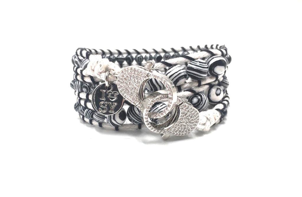 Black and white malachite wrap bracelet, silver clips